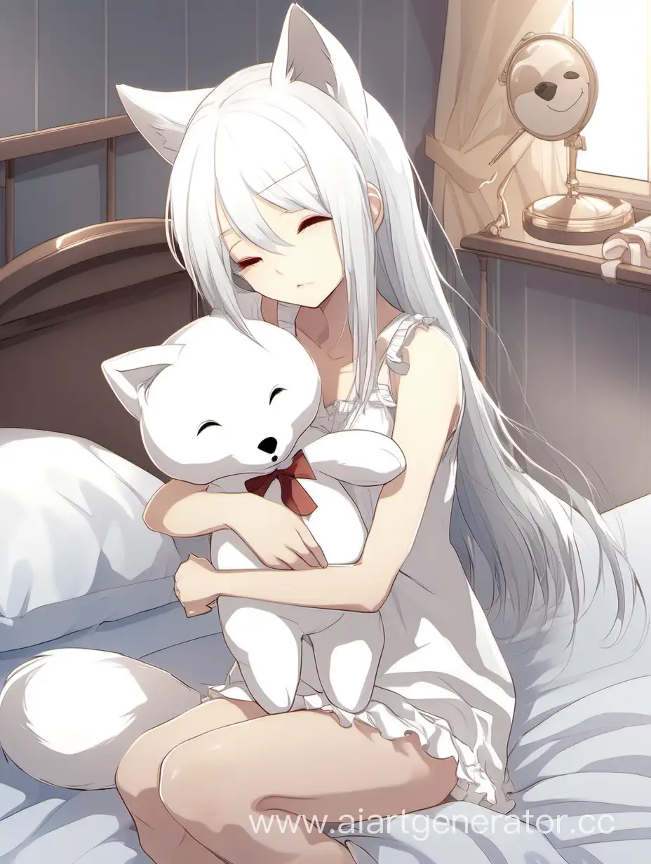 white haired fox-girl in short white dress, sleepy face, white socks, holding white teddy bear, bedroom