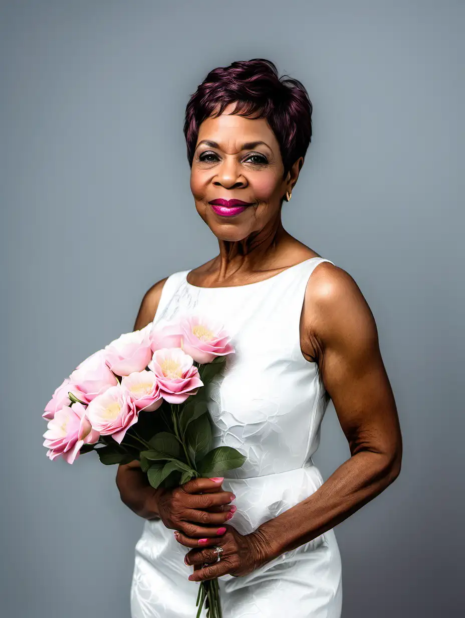 A beautiful african american elder black woman with a short pixie haircut and a white dress on full body and she holding pink flowers