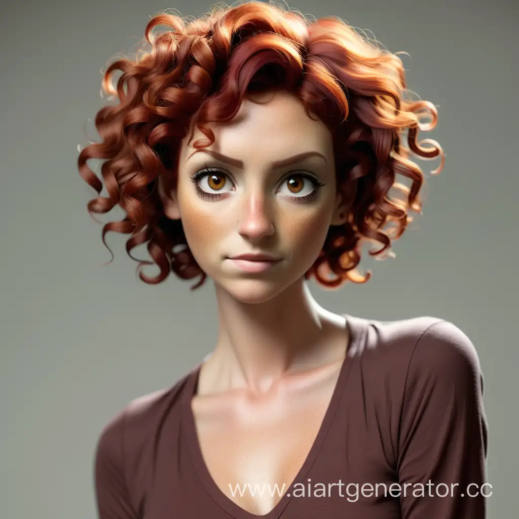 Женщина с рыжими короткими, кудрявыми волосами и карими глазами в полный рост