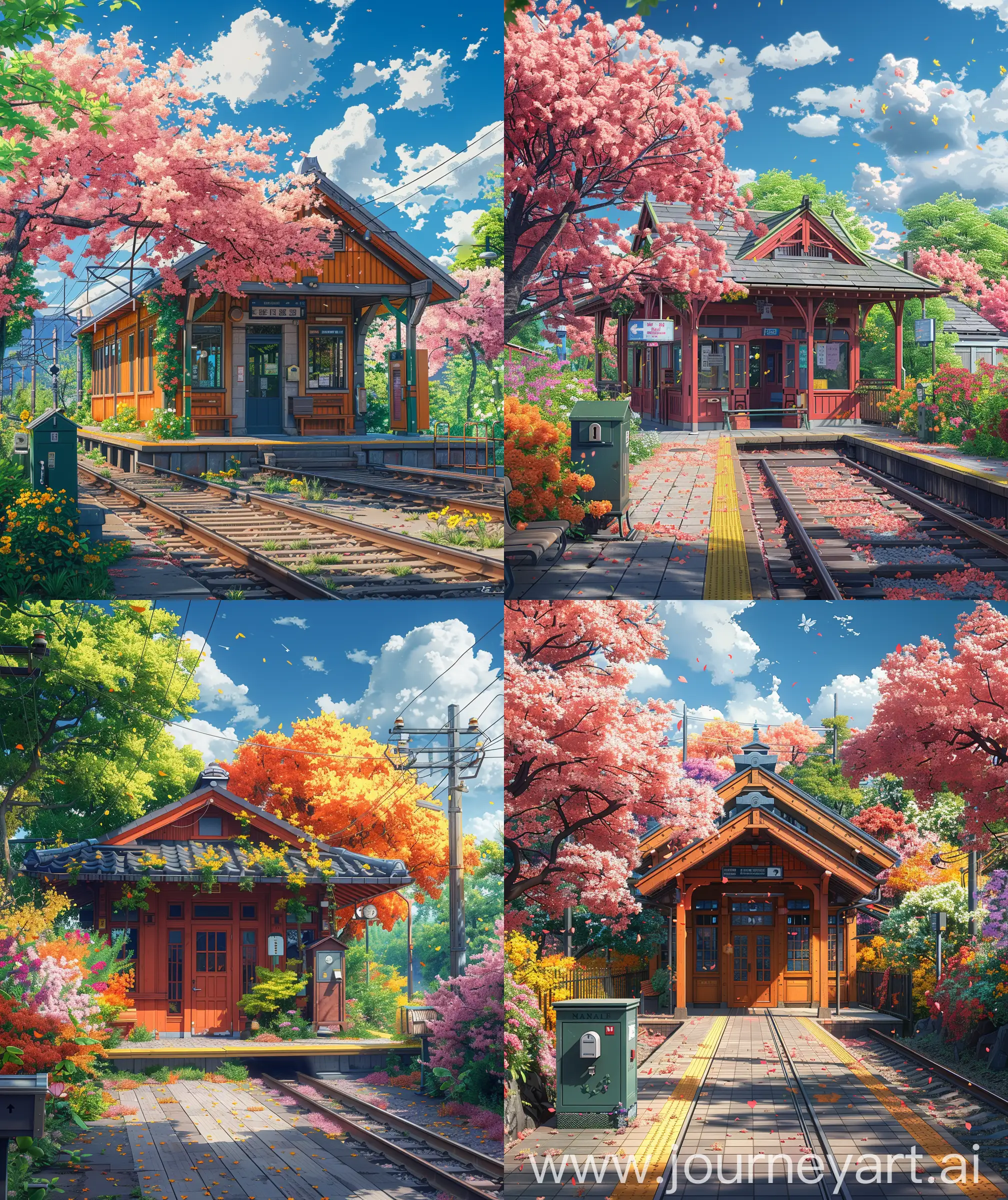 Anime scenary, illustration, direct front facade, anime style montreal suburban colorful rail station, colorful flower brushes, flower tree around, mail box, platform, colorful and vibrant, day time, summer time view, breeze, illustration, anime scenary, ultra HD, high quality, sharp details, no blurry image, no hyperrealistic --ar 27:32 --s 600