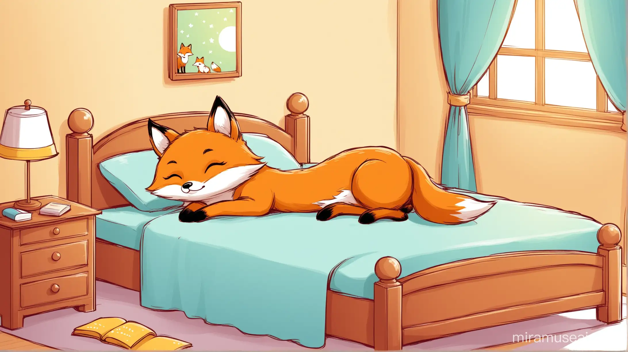 吉普力风格，儿童童书插画，卡通手绘，狐狸在卧室的床上睡大觉。
