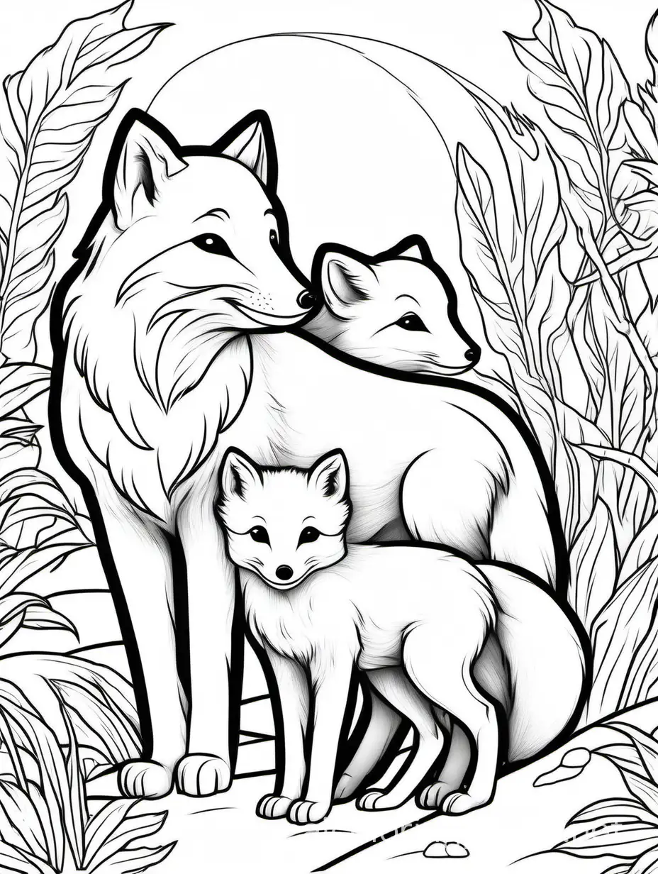 cute Arctic fox
Foal and his son for kids, Coloring Page, black and white, line art, white background, Simplicity, Ample White Space. The background of the coloring page is plain white to make it easy for young children to color within the lines. The outlines of all the subjects are easy to distinguish, making it simple for kids to color without too much difficulty
