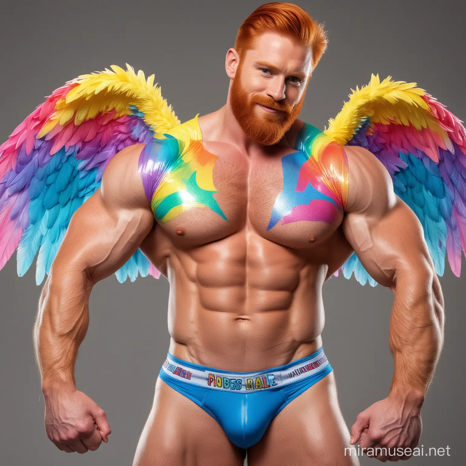 Topless 30s Ultra Beefy Redhead IFBB Bodybuilder Beard Daddy wearing Multi-Highlighter Bright Rainbow Coloured Eagle Wings See Through Jacket and Flexing Big Strong Arm with doraemon
