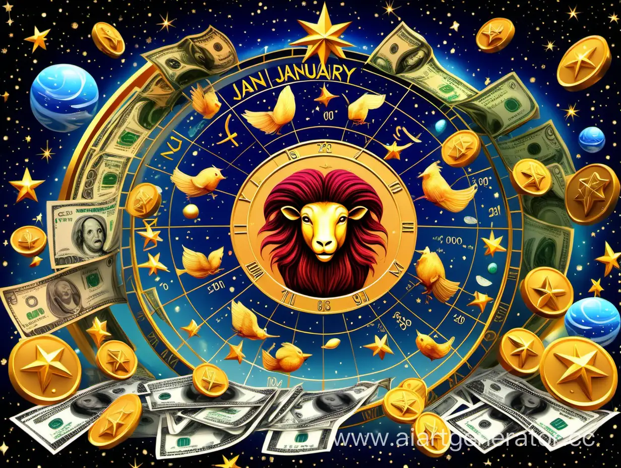 Create an inspiring image that depicts January financial abundance for your zodiac signs. Use bright colors, money symbols and zodiac signs to surround yourself with exciting scenes - from debt repayment to joyful shopping. Emphasize the joy and prosperity that comes with this financial gift from the stars. Be creative and inspiring!