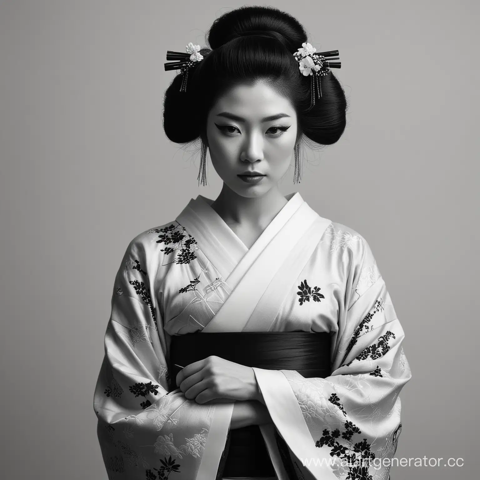 A geisha embodies an aesthetic in monochrome, with stark contrasts and sleek lines