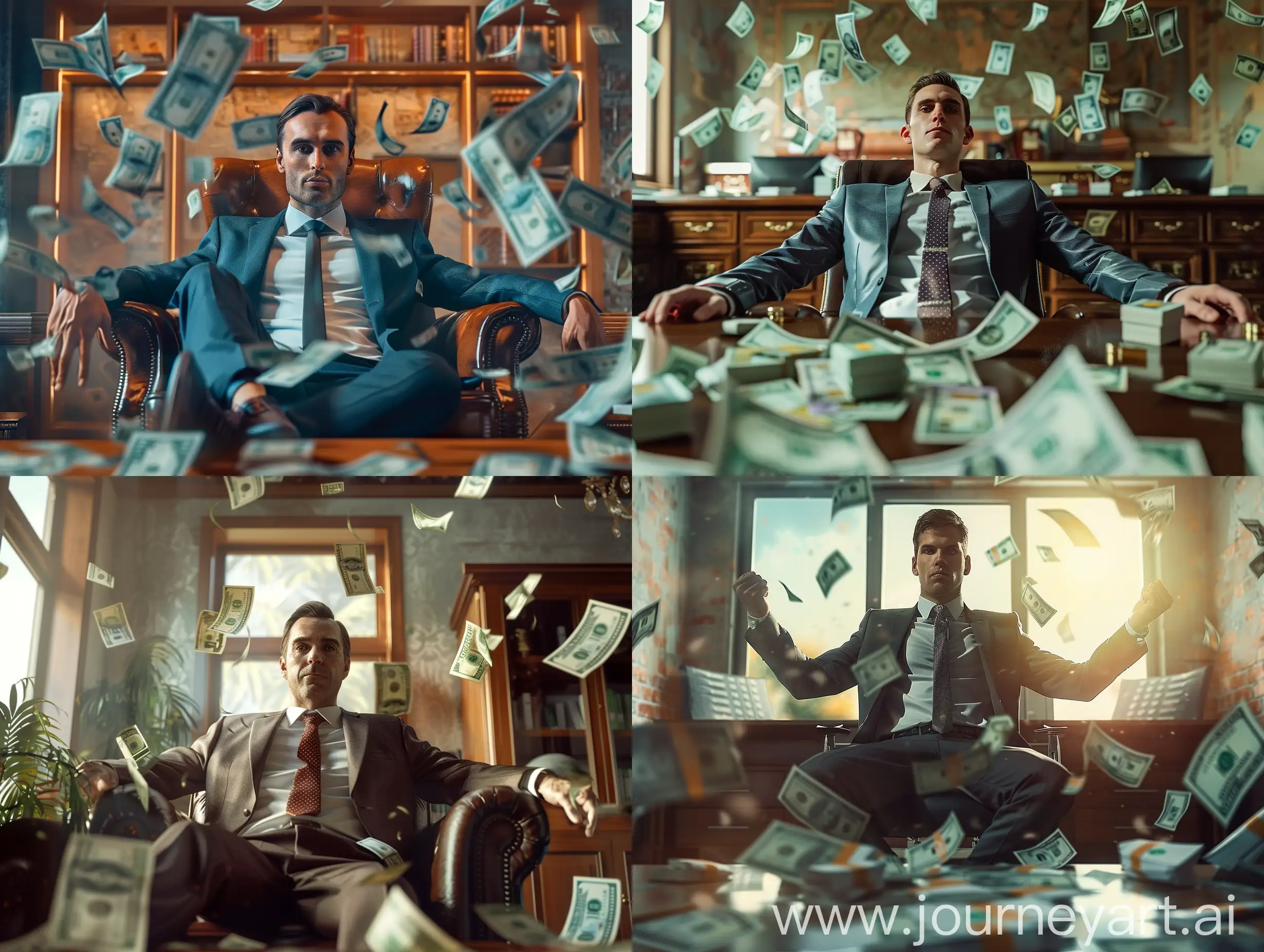 a rich man in an office sitting and surrounded with money around, 8k, hdr, photoreal