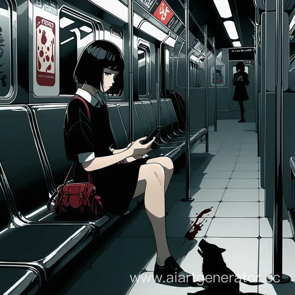 Девушка с чёрными короткими волосами в чёрной юбке сидит в темном метро в одиночку, держа в руках телефон, а рядом с ней лежит мертвый человек в крови, манга