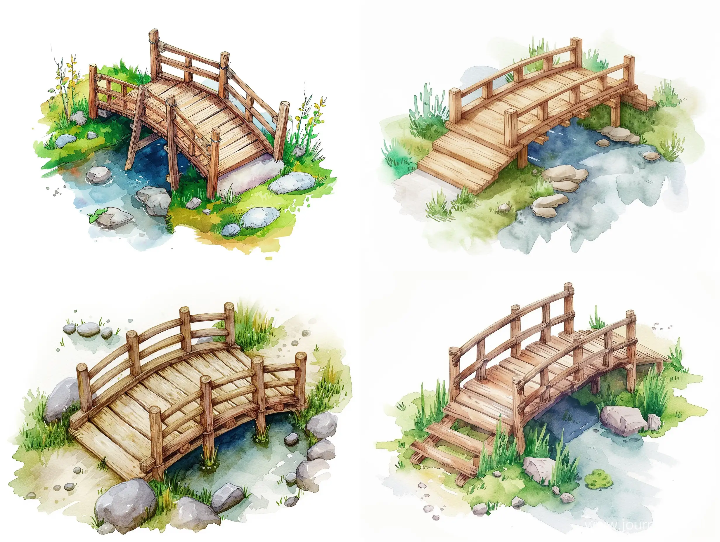 Serene-Watercolor-Wooden-Bridge-Over-Stream-Isometric-Nature-Art