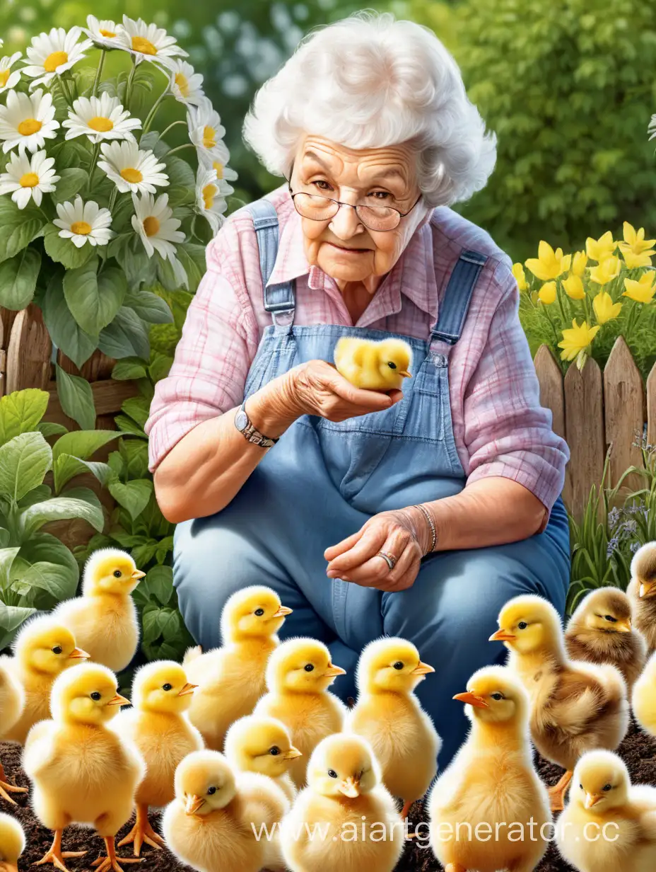бабушка считает цыплят в саду