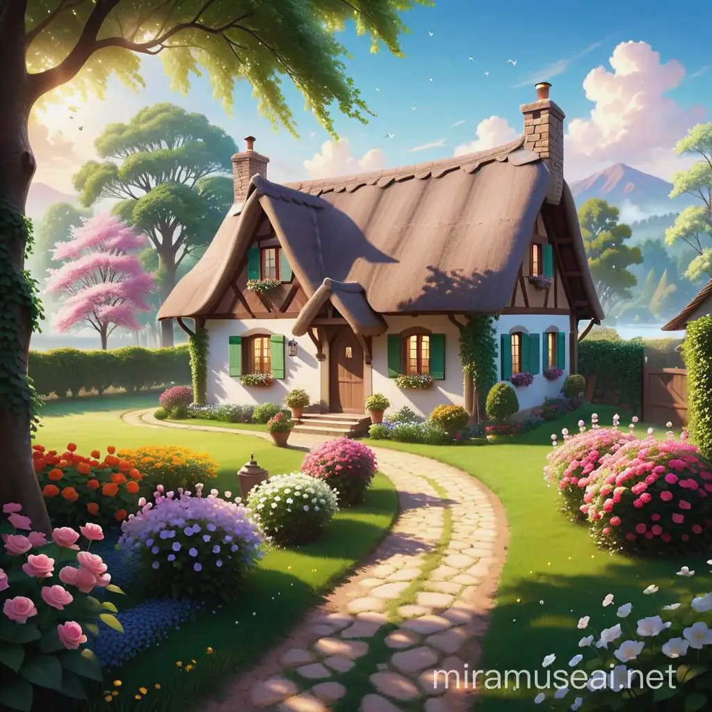 Enchanted Cottage in a Vibrant Flower Garden