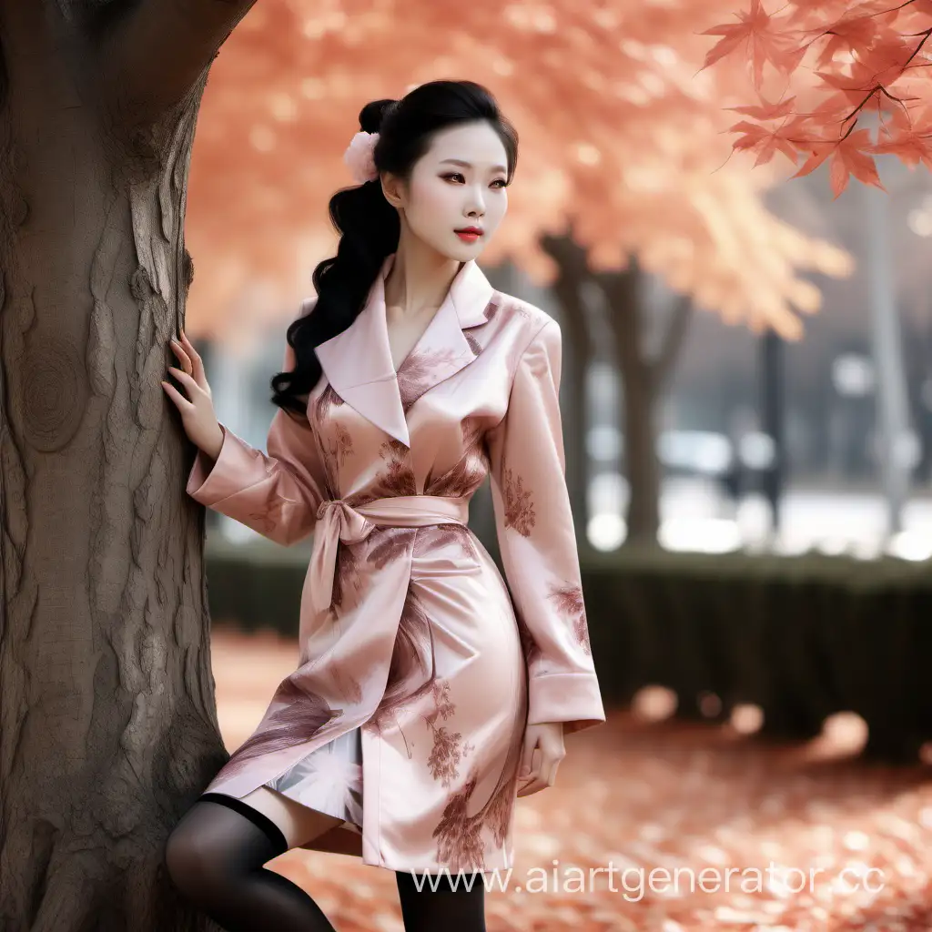 Stylish-Chinese-Woman-Enjoying-Music-by-a-Maple-Tree