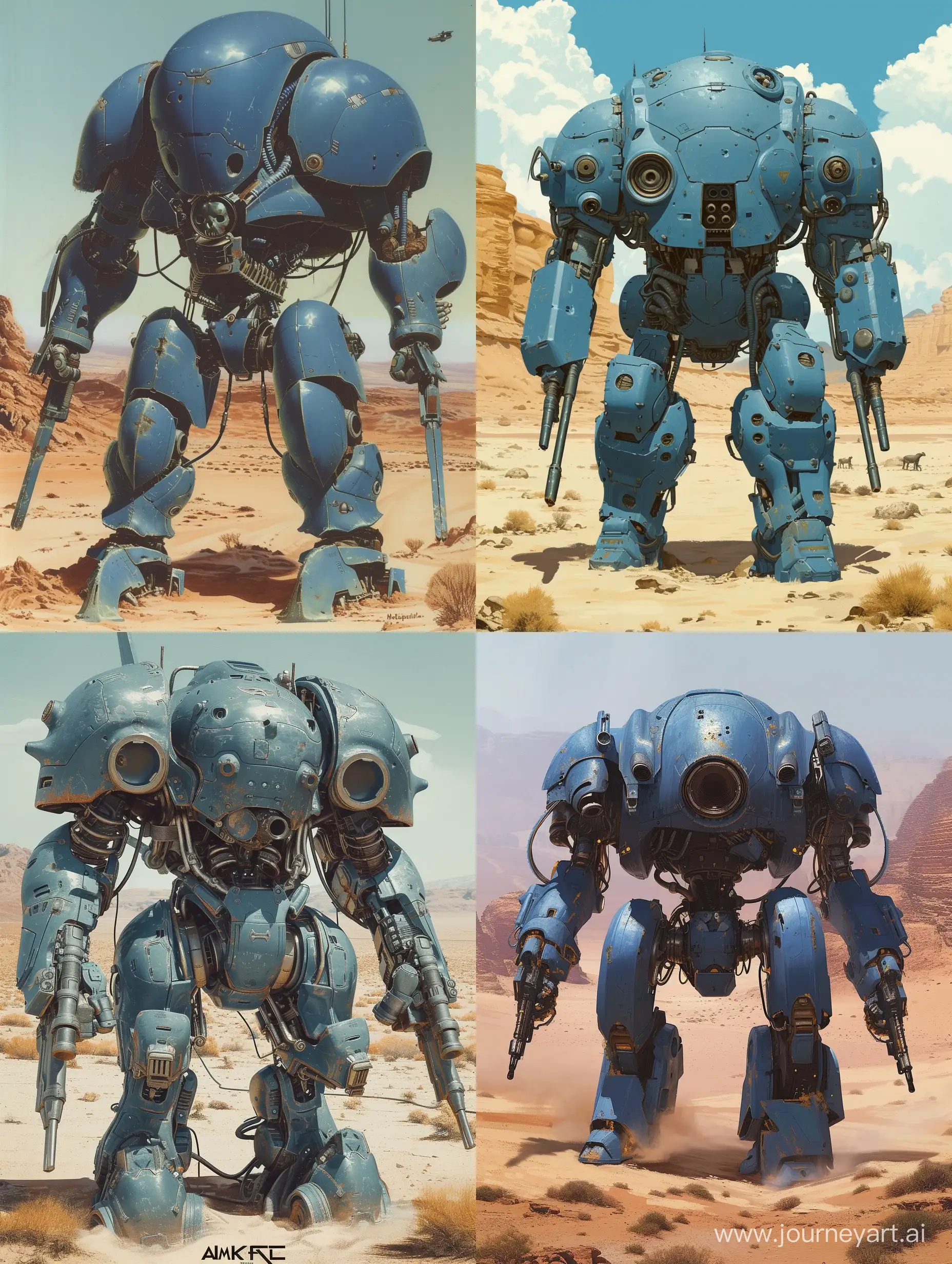 Concept art of a big armored headless blue mech suit with a central cockpit and weapon arms in a desert in Ralph McQuarrie style. in Retro Science Fiction Art style. in color. similar to the AMP suit from avatar.