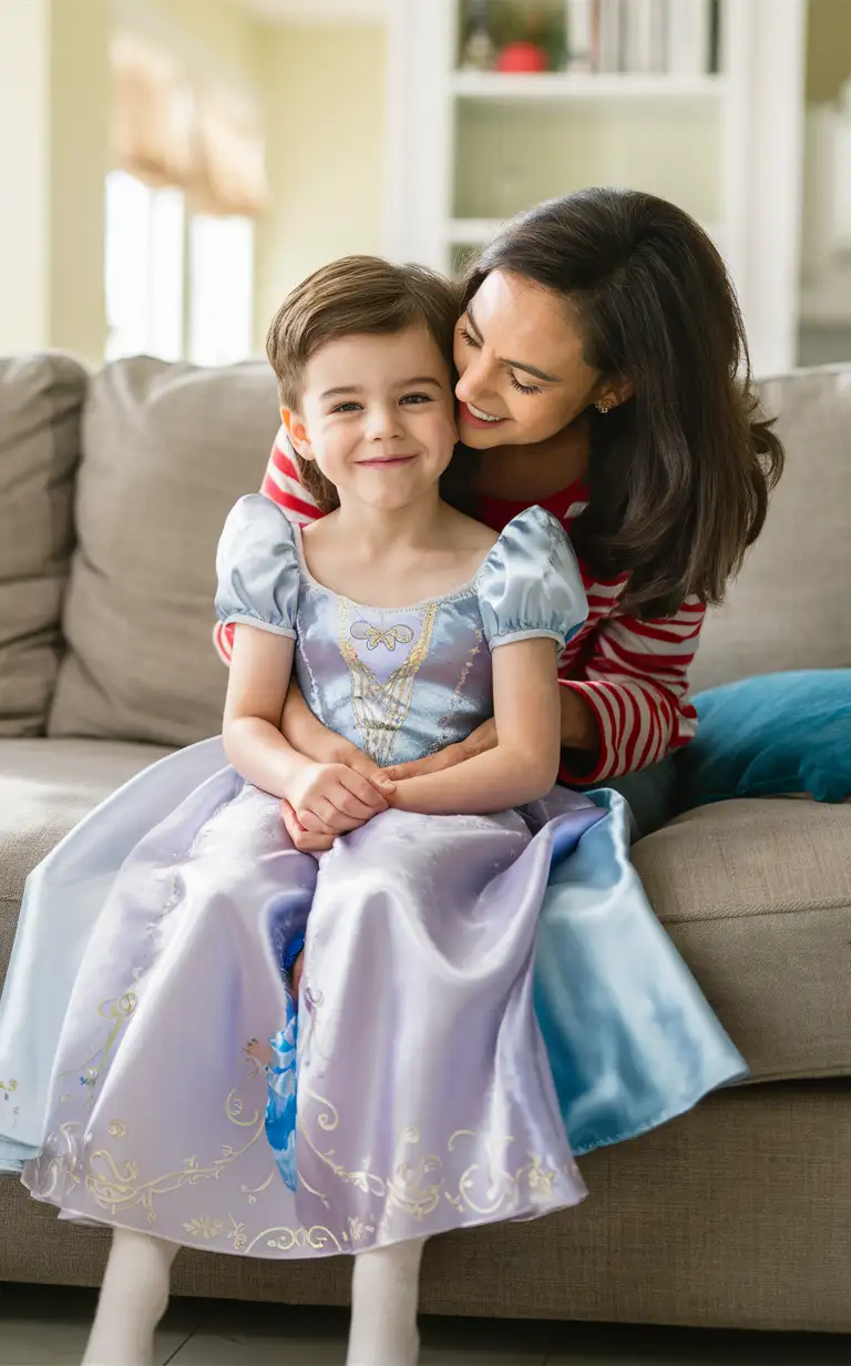 (((Gender role-reversal))), Photograph of a mother and her thin young son, a cute small boy age 7 with little legs, they are sitting together on a large sofa in a bright living room, the mother is giving her boy a hug, she has turned him from an aggressive boy to a sweet little boy by dressing him up in one of his sister’s Cinderella princess dresses, the sweet boy is smiling calmly with dimples, adorable, perfect children faces, perfect faces, clear faces, perfect eyes, perfect noses, smooth skin