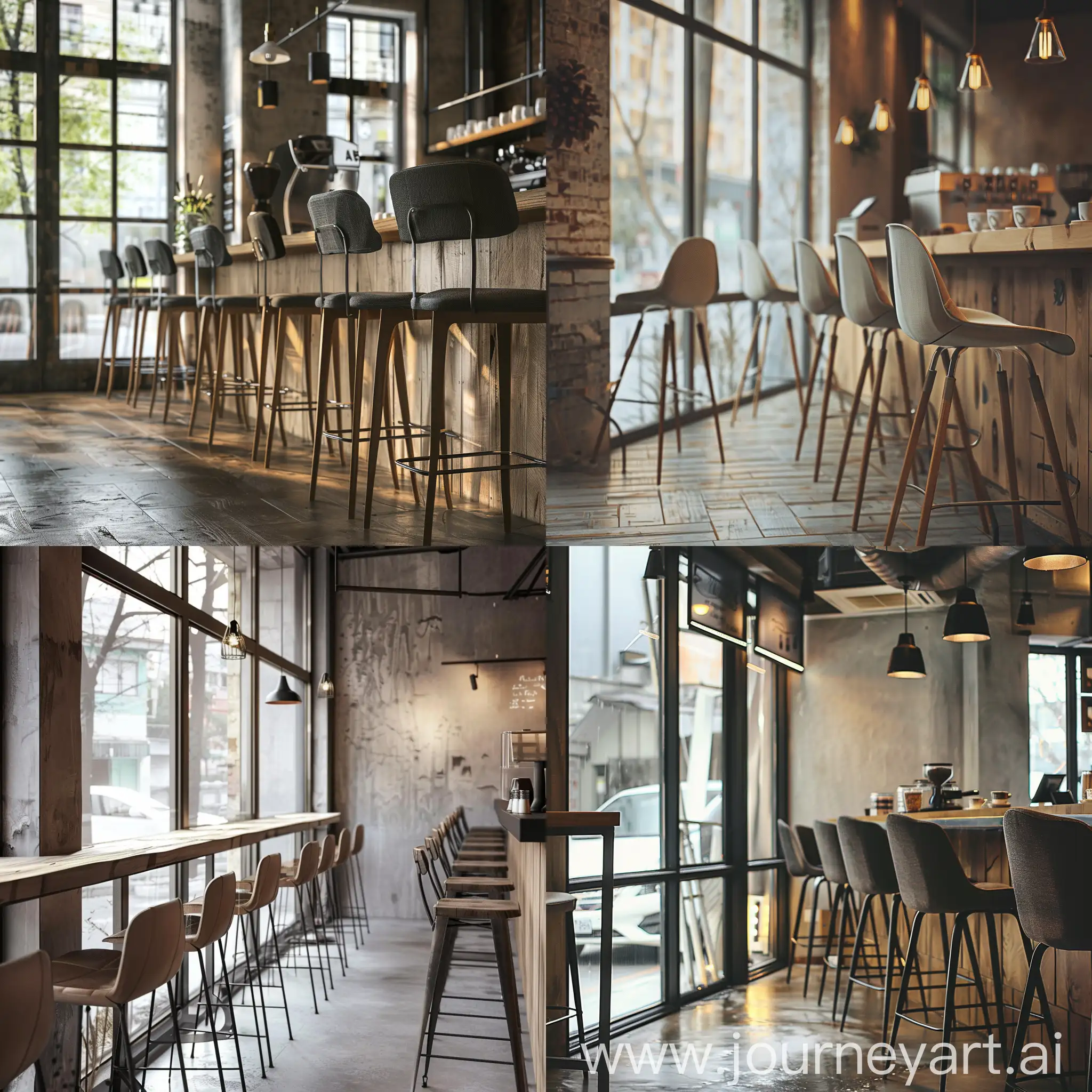 设计一个工业网红风的咖啡店，可以整体质感水泥灰肌理搭配原木色，可有侘寂风的摆件。有一排面向窗外高椅