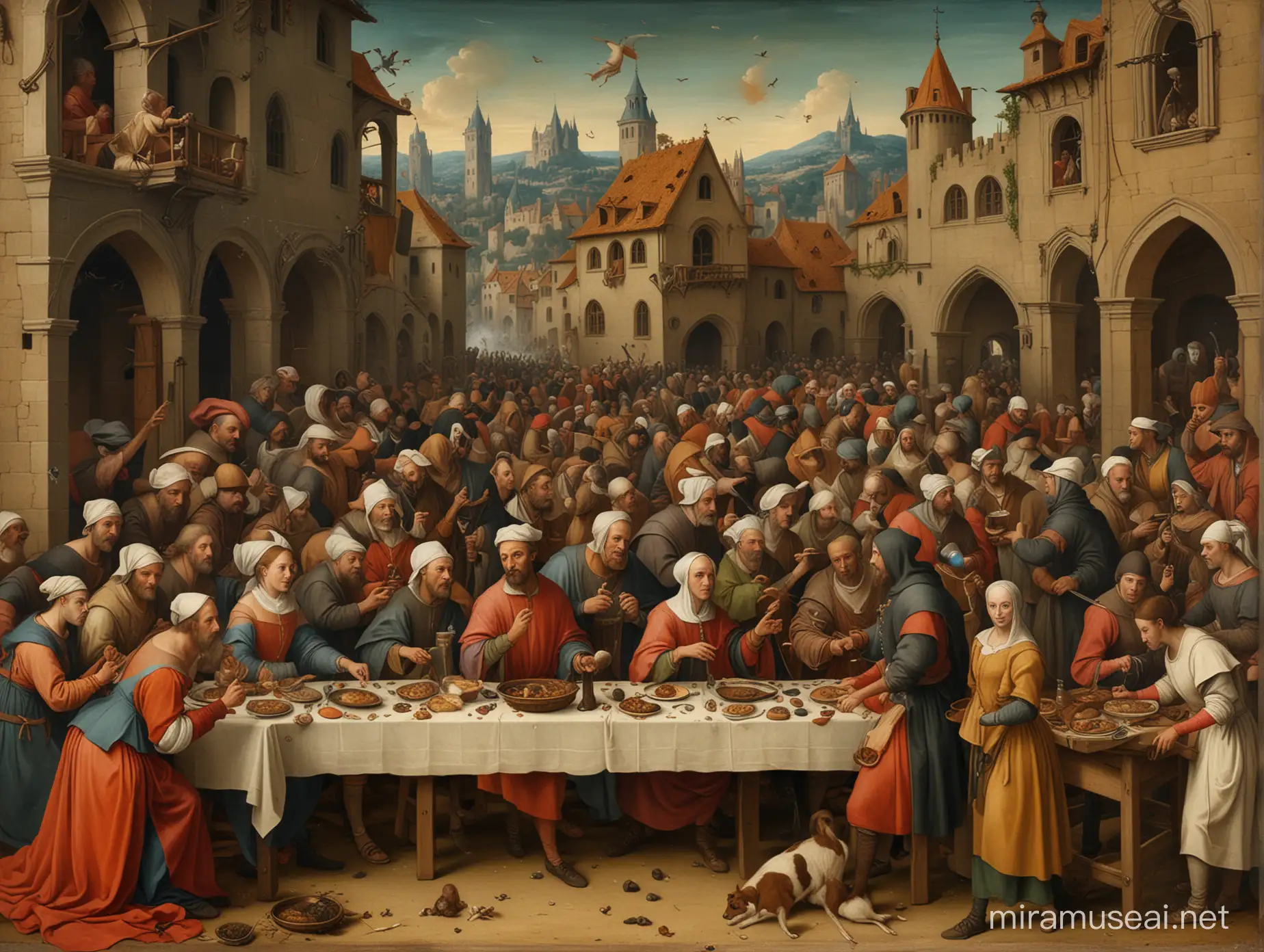 create a medieval painting “feast during the plague” in the style of Bosch and Leonardo Da Vinci