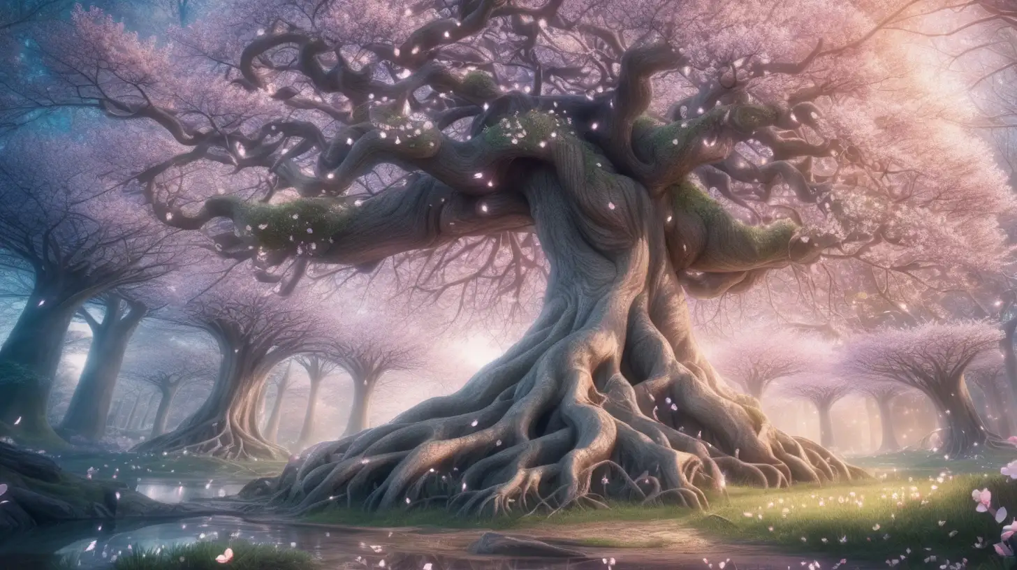 in anime style, a beautiful, magical enchanted forest with a  special,  beautiful, magical  tree  covered with blossoms. A focus on the magical tree roots 