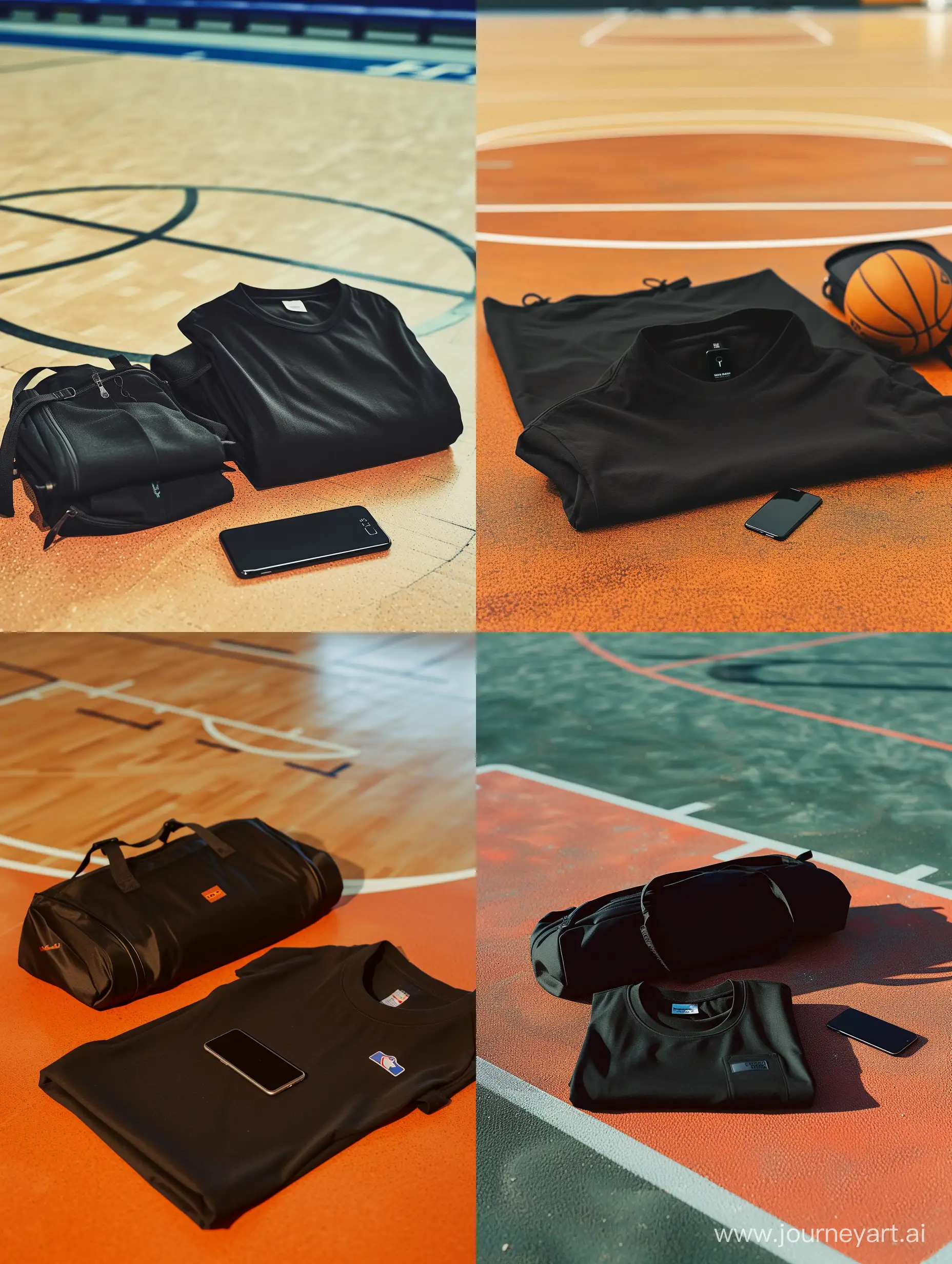 Folded black t-shirt, mobile phone and and black sports bag on a basketball court.