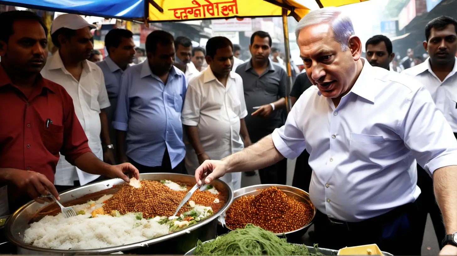 Benjamin Netanyahu selling unhygienic food at a street stall in Mumbai. Lots of flies around and pollution.