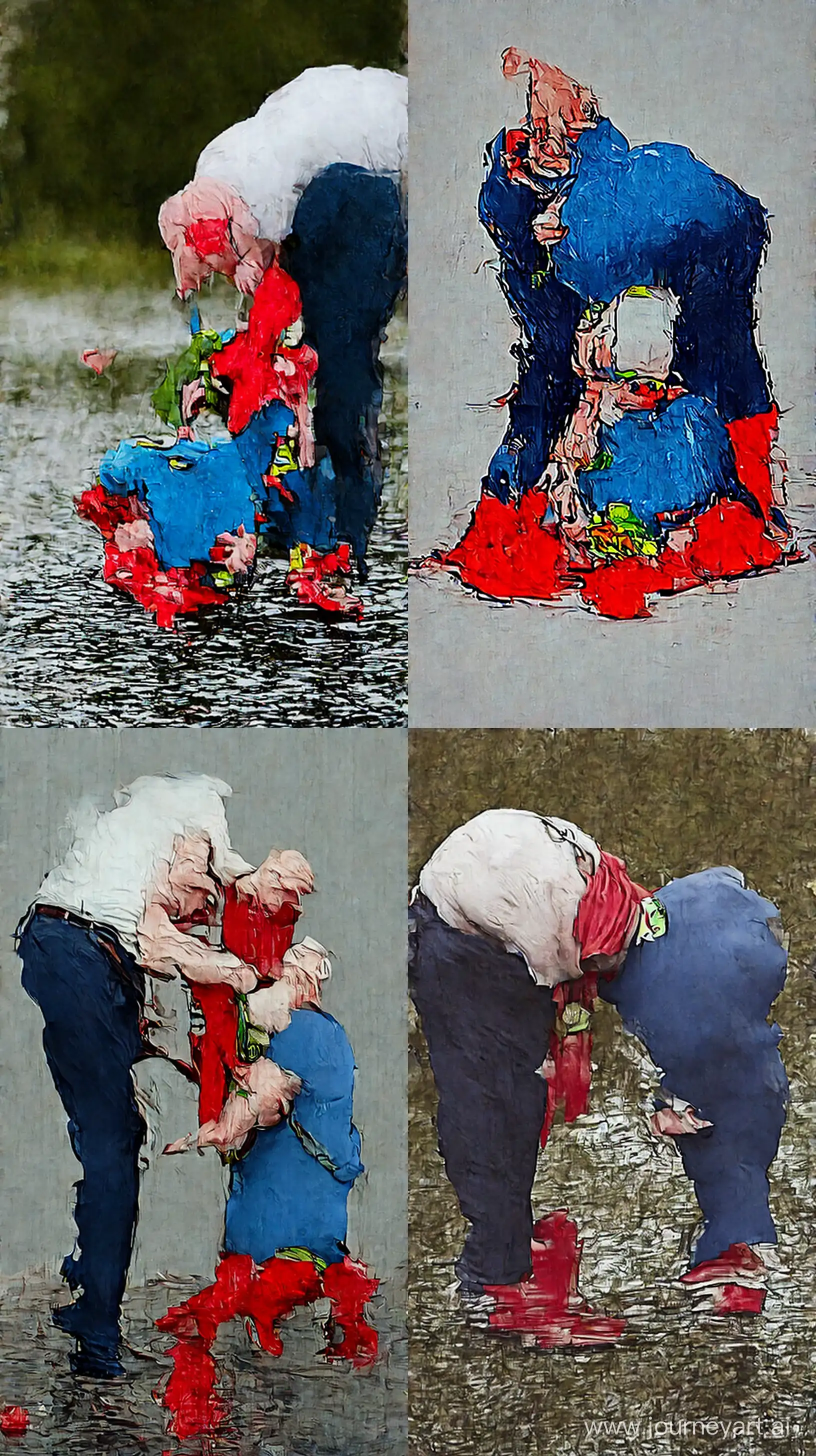 Photo of a very obese man aged 70 wearing navy business pants and a white shirt. He is bending over another man dressed in a clean slightly shiny blue superman costume with a big red cape, red boots, blue shirt, blue pants, yellow belt and red trunks sitting in water. The first man is putting a green necklace around his neck. Outside. --style raw --ar 9:16 --v 6