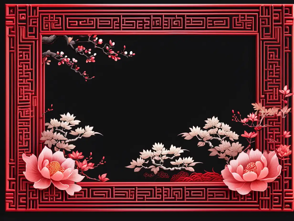 Chinese Nature in Red Rectangular Vector Frame on Black Background