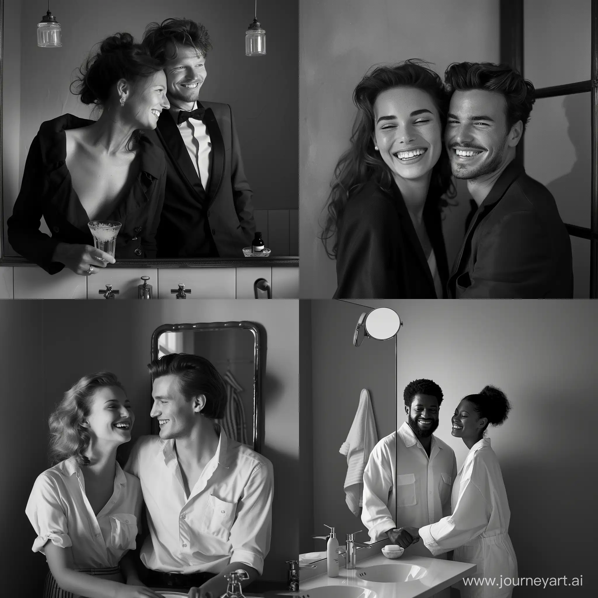 man and woman in the bathroom by the mirror, smile,black and white stylish magazine photo, uniform gray background