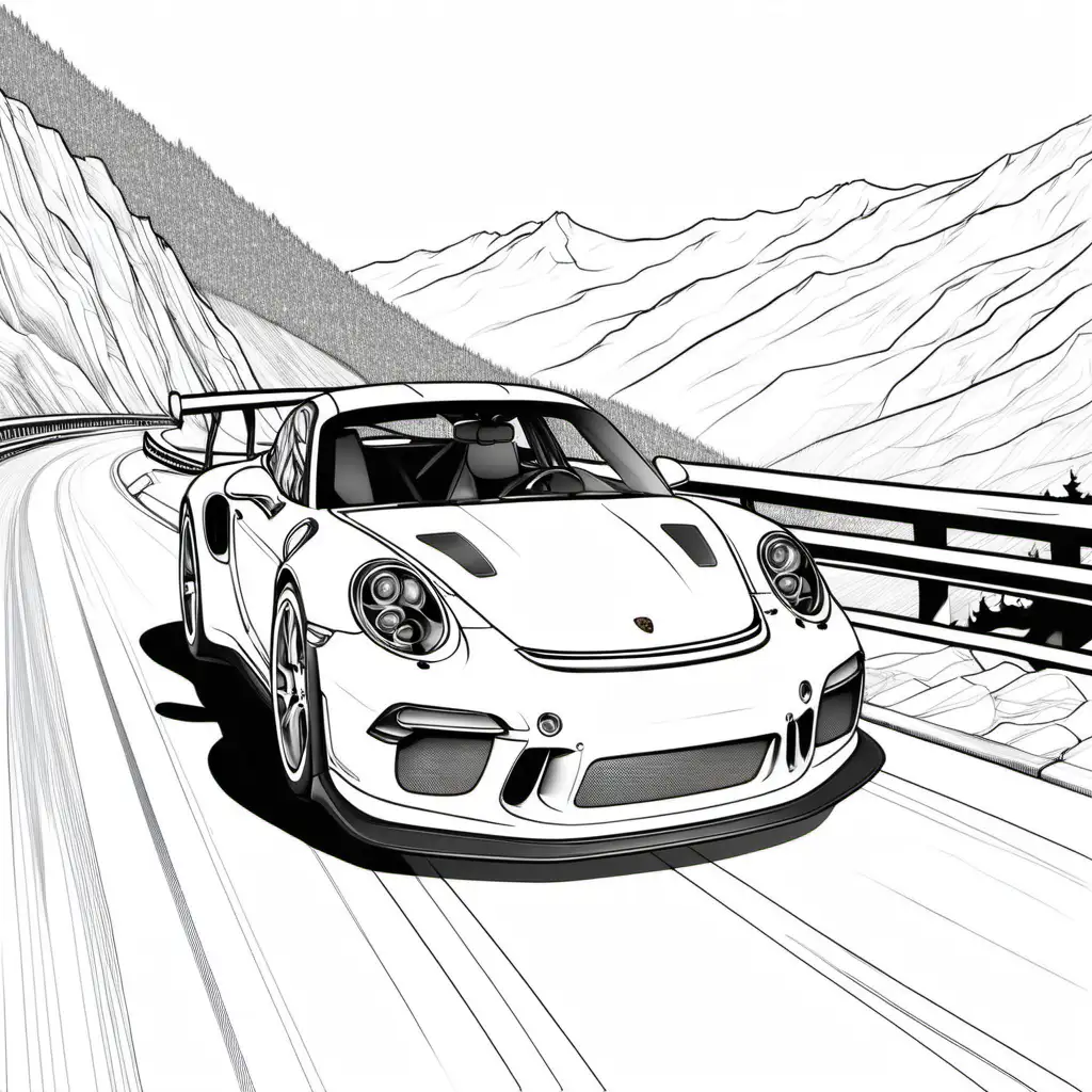 Porsche GT3 Coloring Pages Driving in Majestic Mountain Scenery