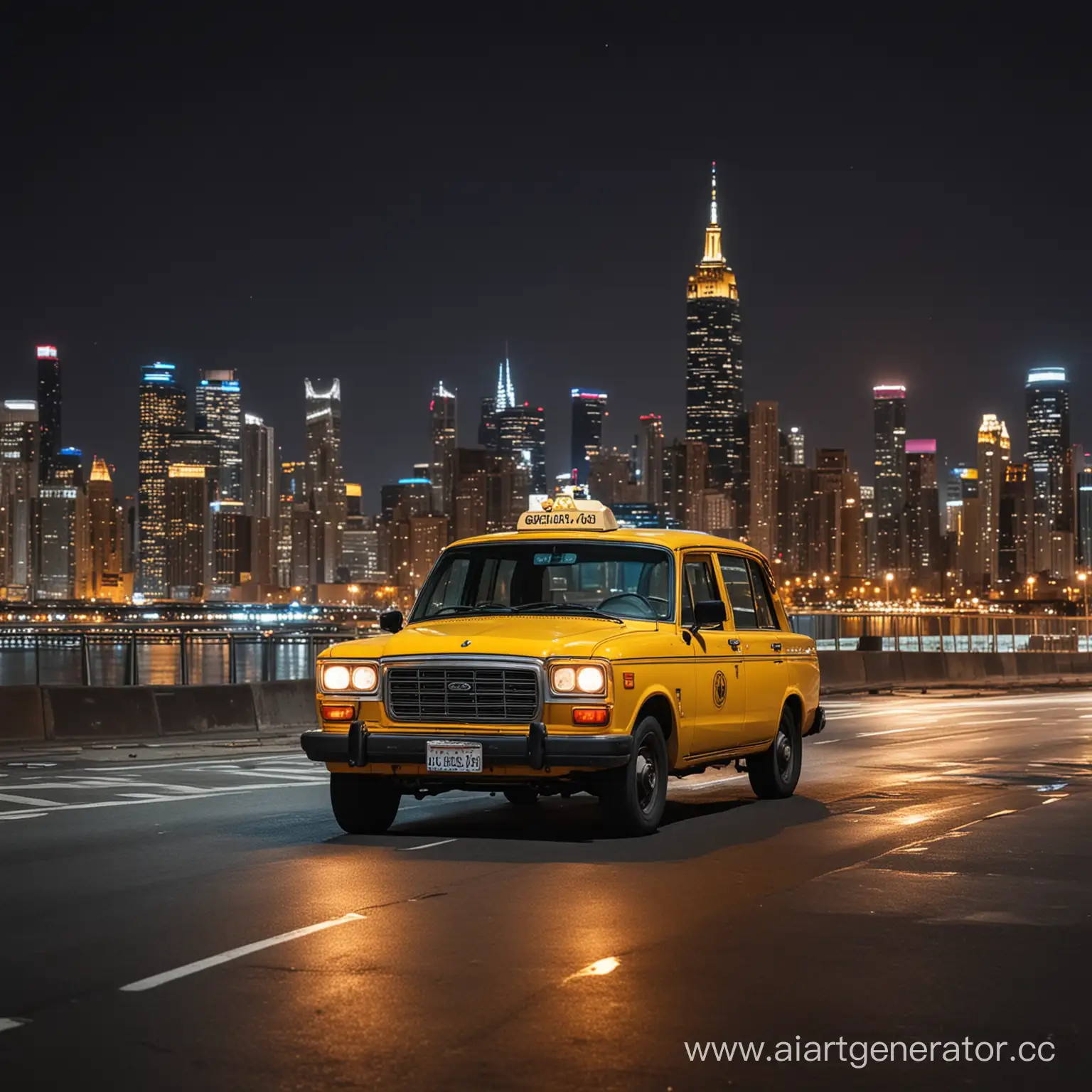 yellow cab against the backdrop of the city at night