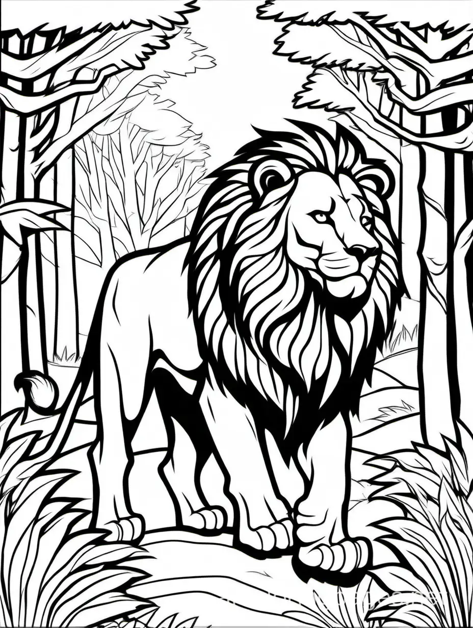 Majestic Lion walking in the Wilderness forest, Coloring Page, black and white, line art, white background, Simplicity, Ample White Space. The background of the coloring page is plain white to make it easy for young children to color within the lines. The outlines of all the subjects are easy to distinguish, making it simple for kids to color without too much difficulty