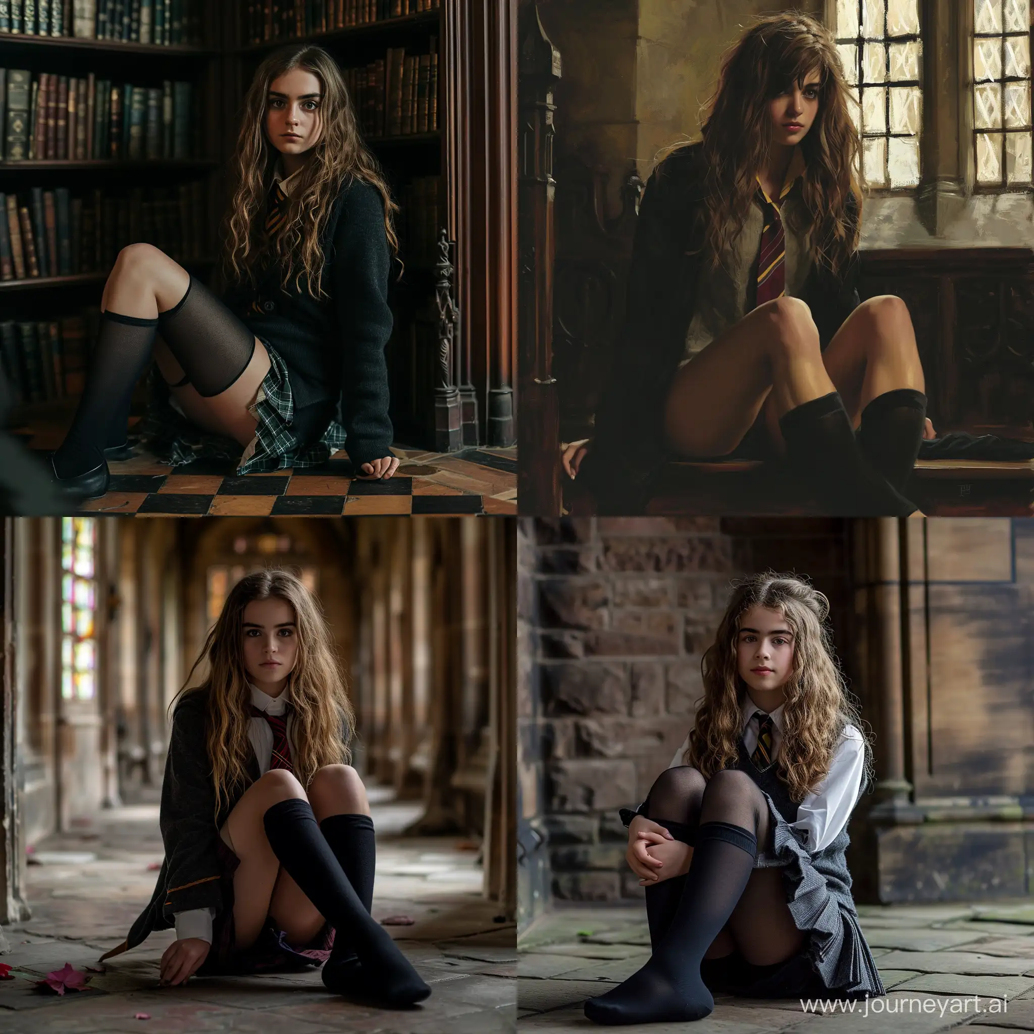hermione slytherine student sitting in black stocking