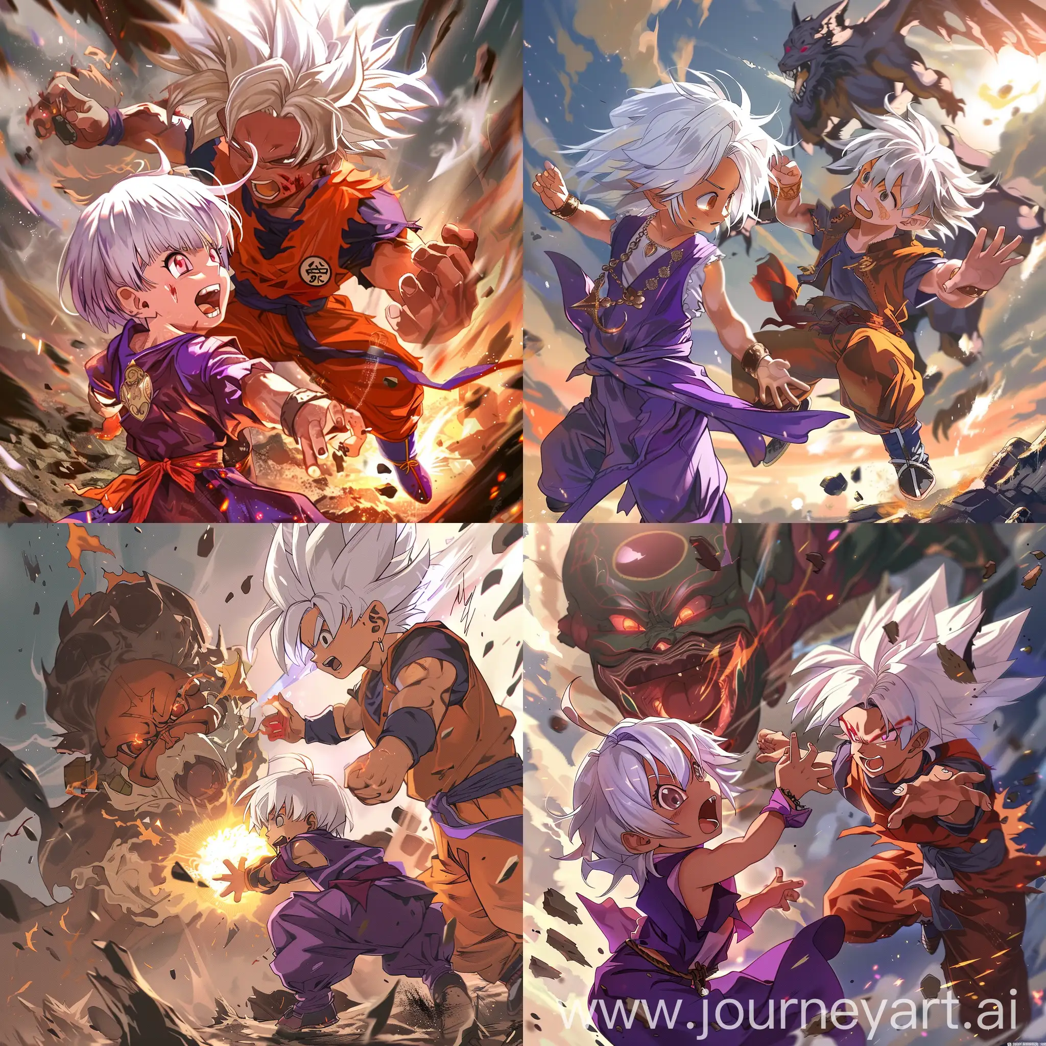 An anime style light child with white hair and purple clothes fighting together with Goku against a lord demon.