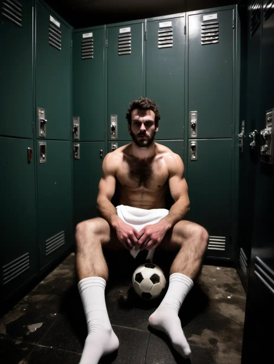 wide-angle shot, shirtless fit hairy football player sitting manspreading, with white dirty sock on face, inside dark dirty locker room at night