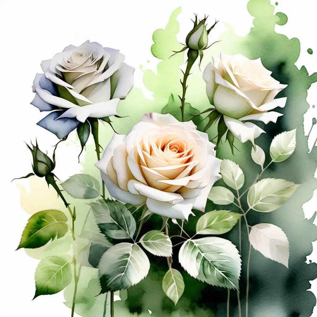 rosor i vita nyanser med lång stjälk, gröna blad, diffus bakgrund, i vattenfärg