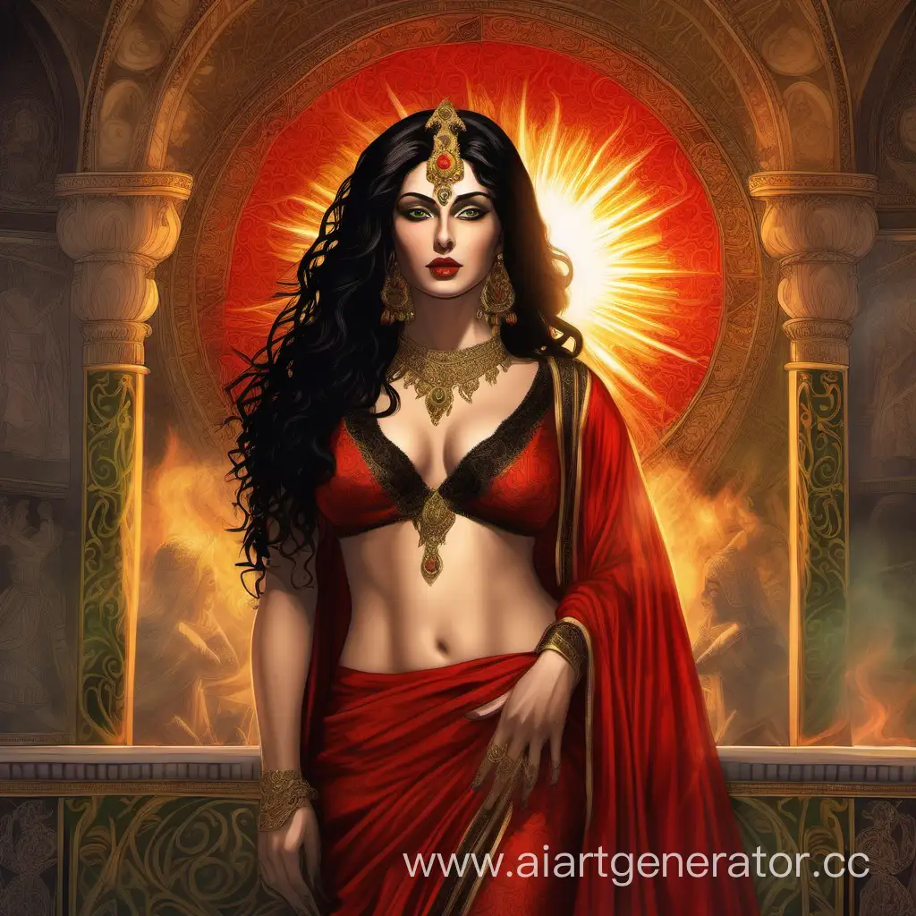 Sensual-Portrait-of-the-Persian-Empress-in-Red-Sari-Amidst-Palace-Flames