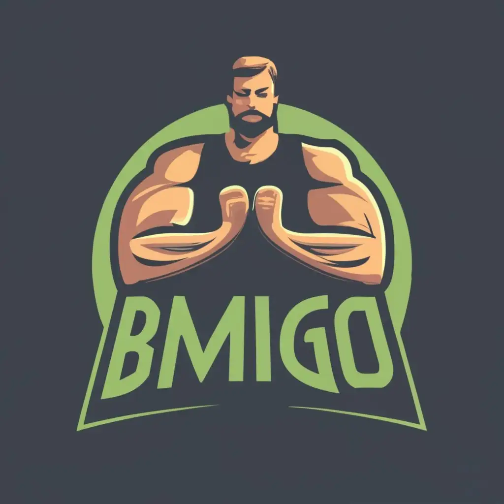 logo, man exercising, with the text "BMIgo", typography, be used in Sports Fitness industry