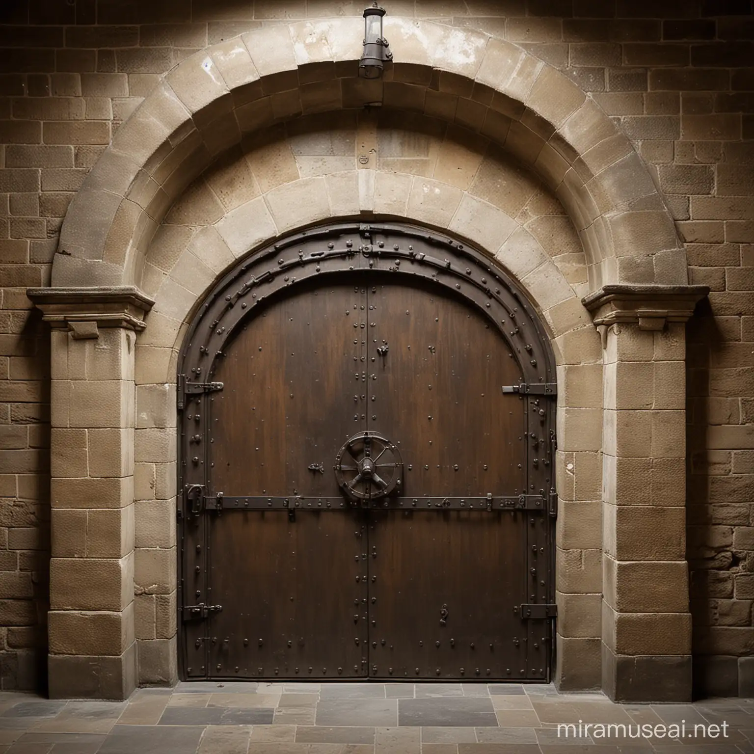 An unadorned medieval style vault in the basement of a medieval bank building. The massive, steel, medieval vault door is half open; In the strong room, medieval lockers can be seen on the wall. Sigma 85mm F/1.4