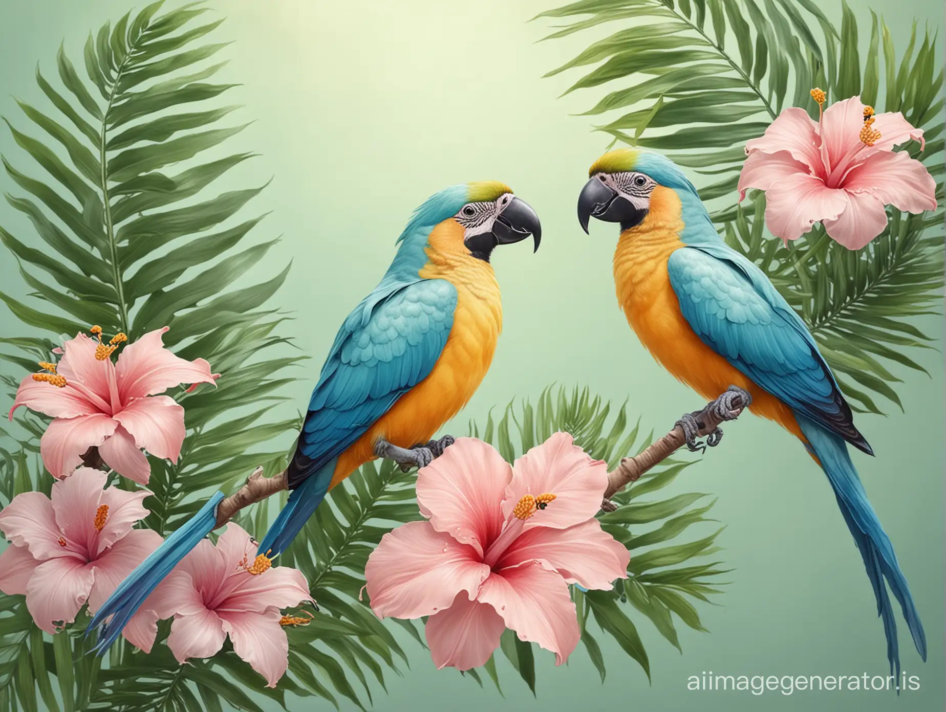 Two tropical birds, elegant pastel background, tropical plants leaves, acrylic realistic style