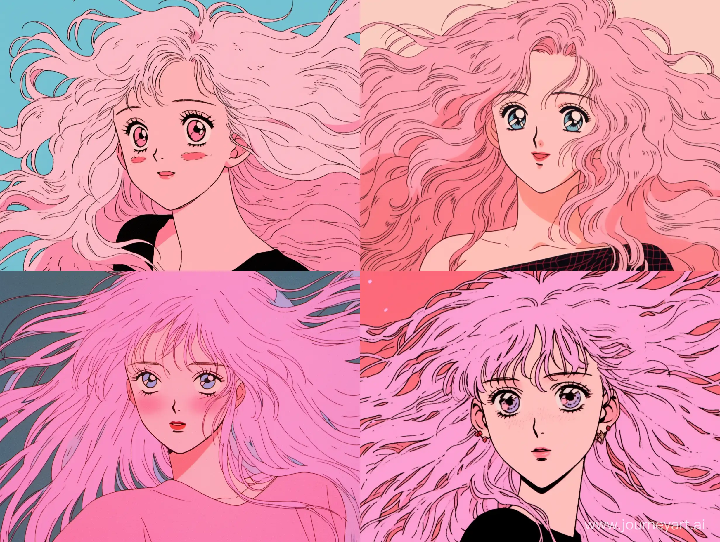 beautiful woman. pink wavy long hair. pink eyes. small freckles. only wears pink. has cute hair clips. age 20. manga. 80’s anime. 90's anime. studio ghibli. VHS effect. flat colors. cell shading. ink lines. in the style of nostalgic illustration. naoko takeuchi. -- ar 16:9 --niji 5
