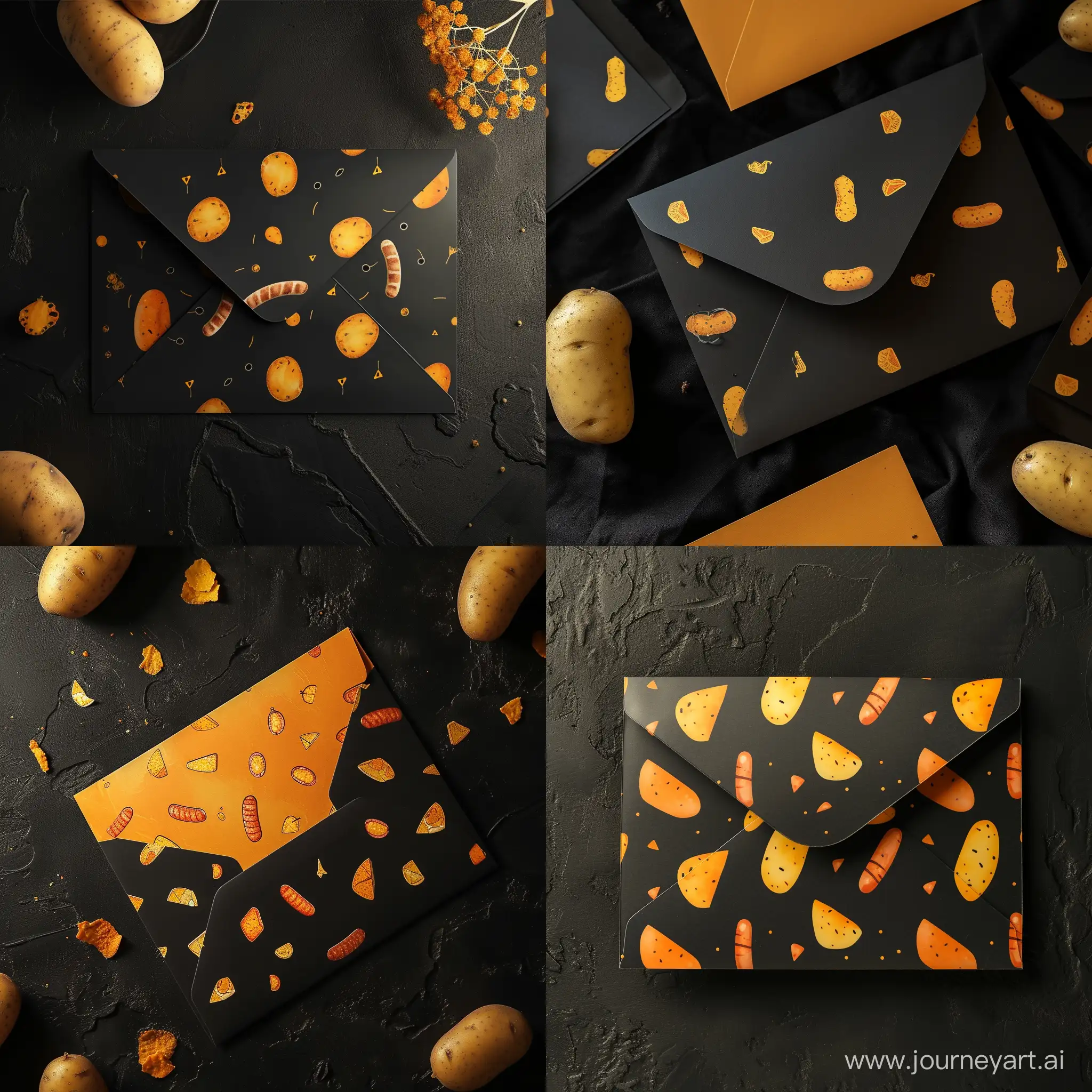 An empty Potato envelope with a design on it with a beautiful matte black background. Small pictures of sausages and potatoes are designed on it in yellow and orange colors.