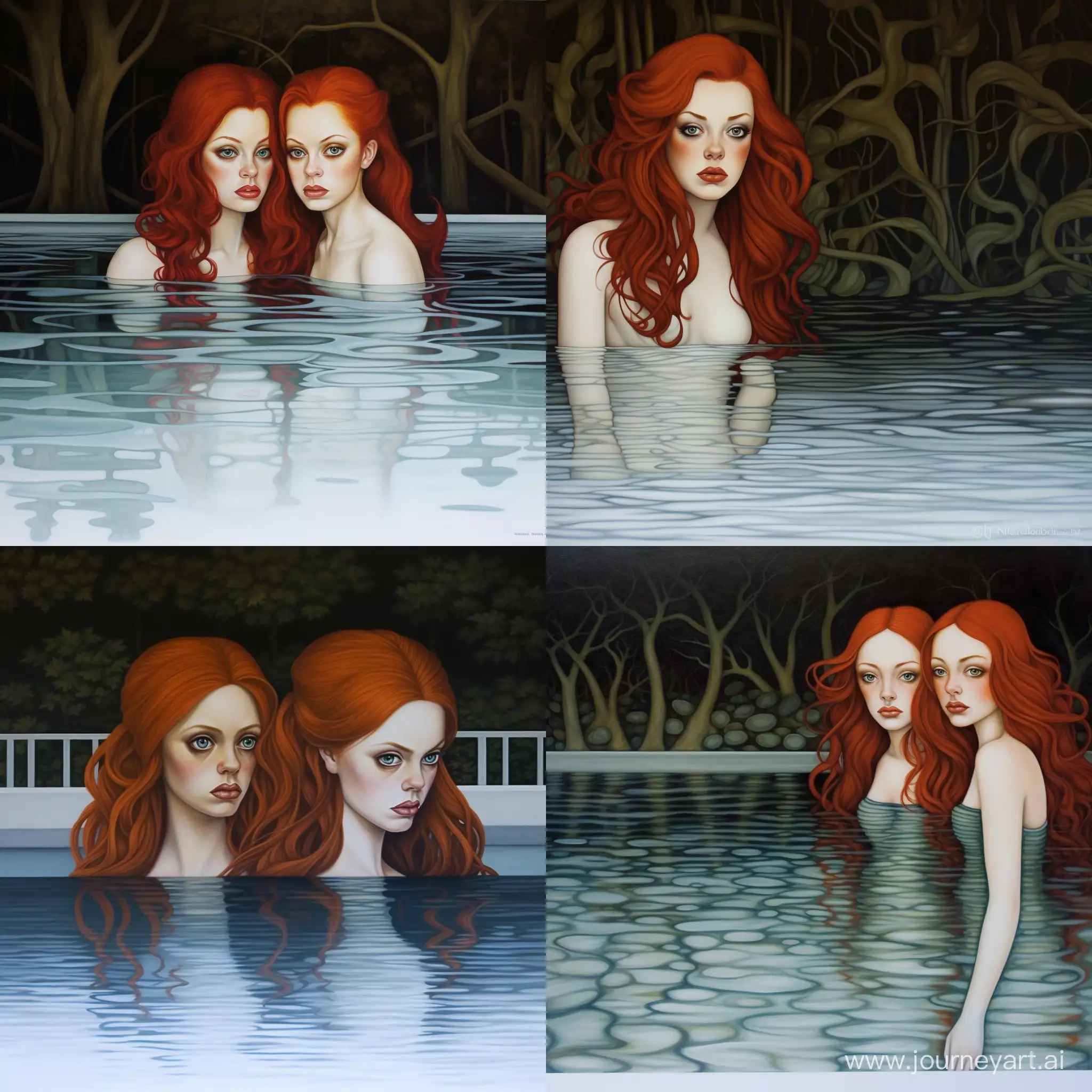 two twins in a swimming pool red hair stand up out side the water 
