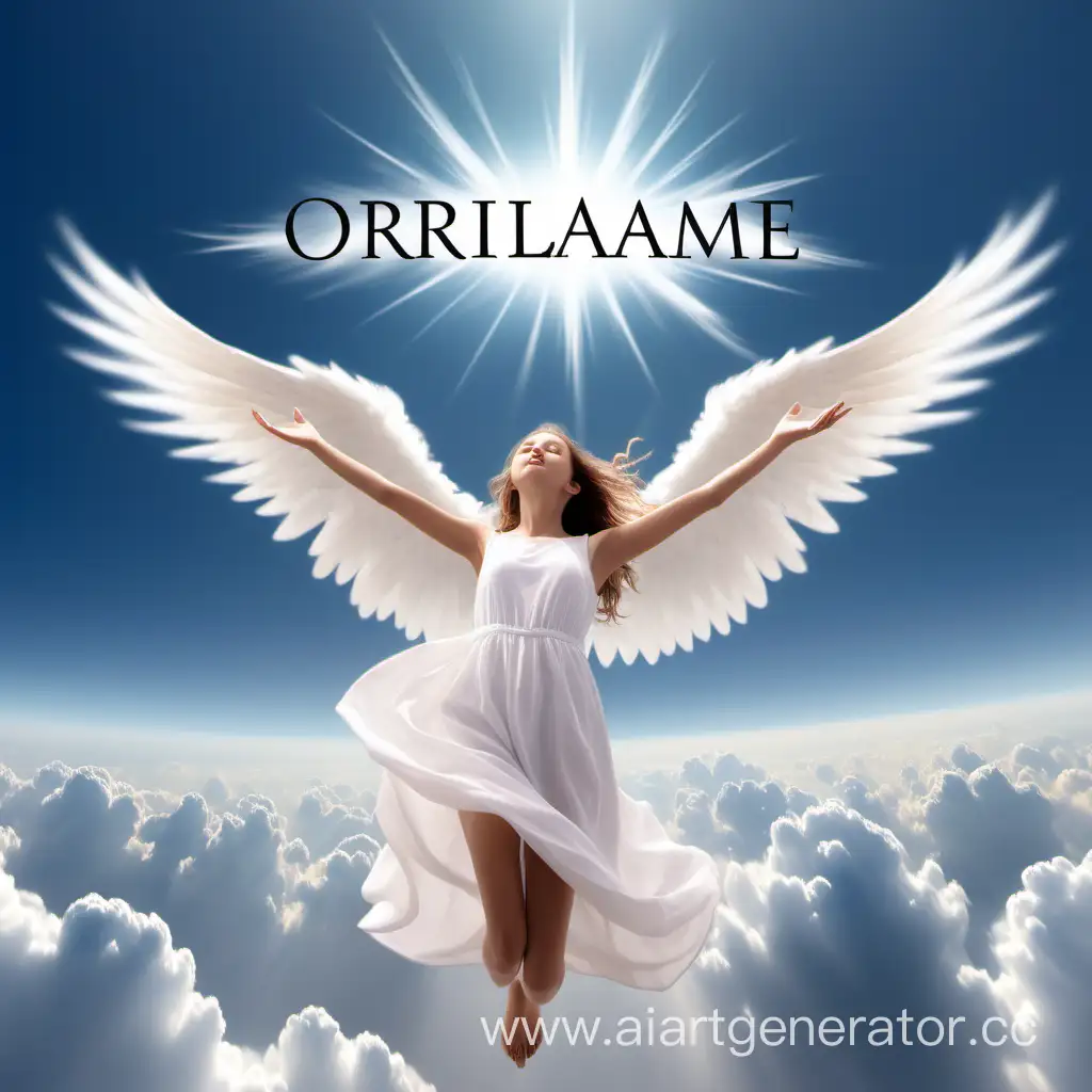 Кругом облака, вдалеке девушка ангел летит и тянется рукой к слову ORIFLAME в небе