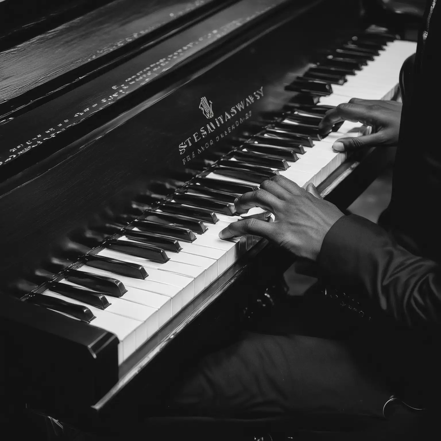 Black musician hands playing the keys on a steinway piano black and shite not color

