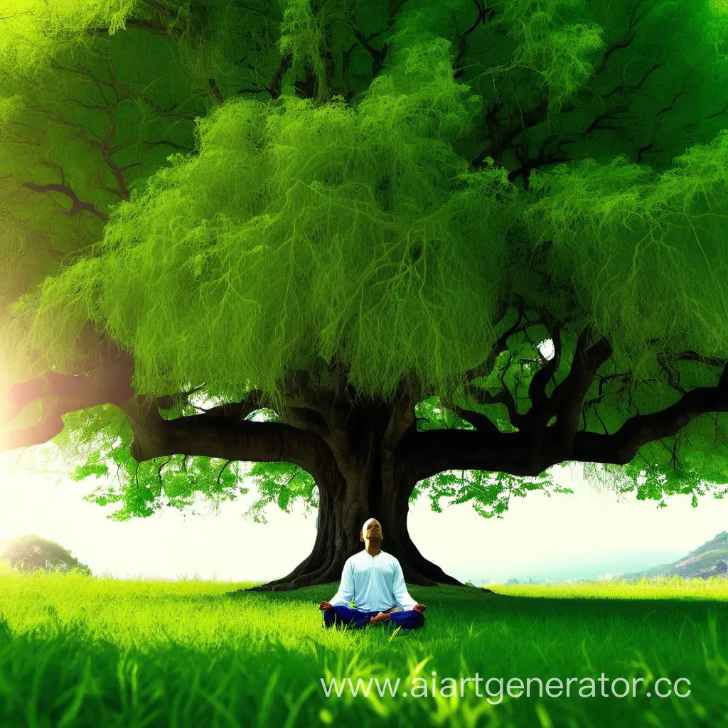 медитирующий человек на природе под большим зеленым деревом 
