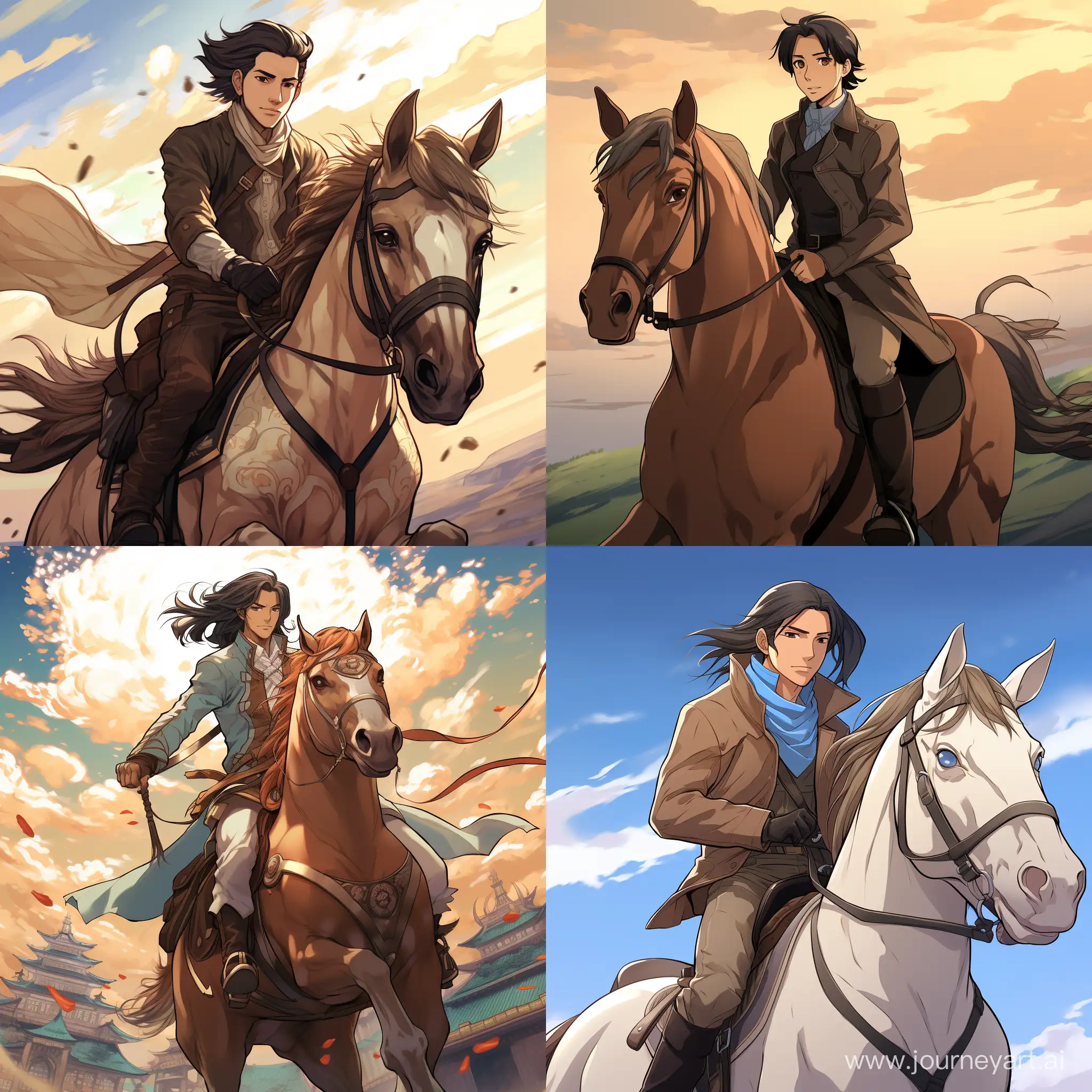 a man is riding horse, anime style