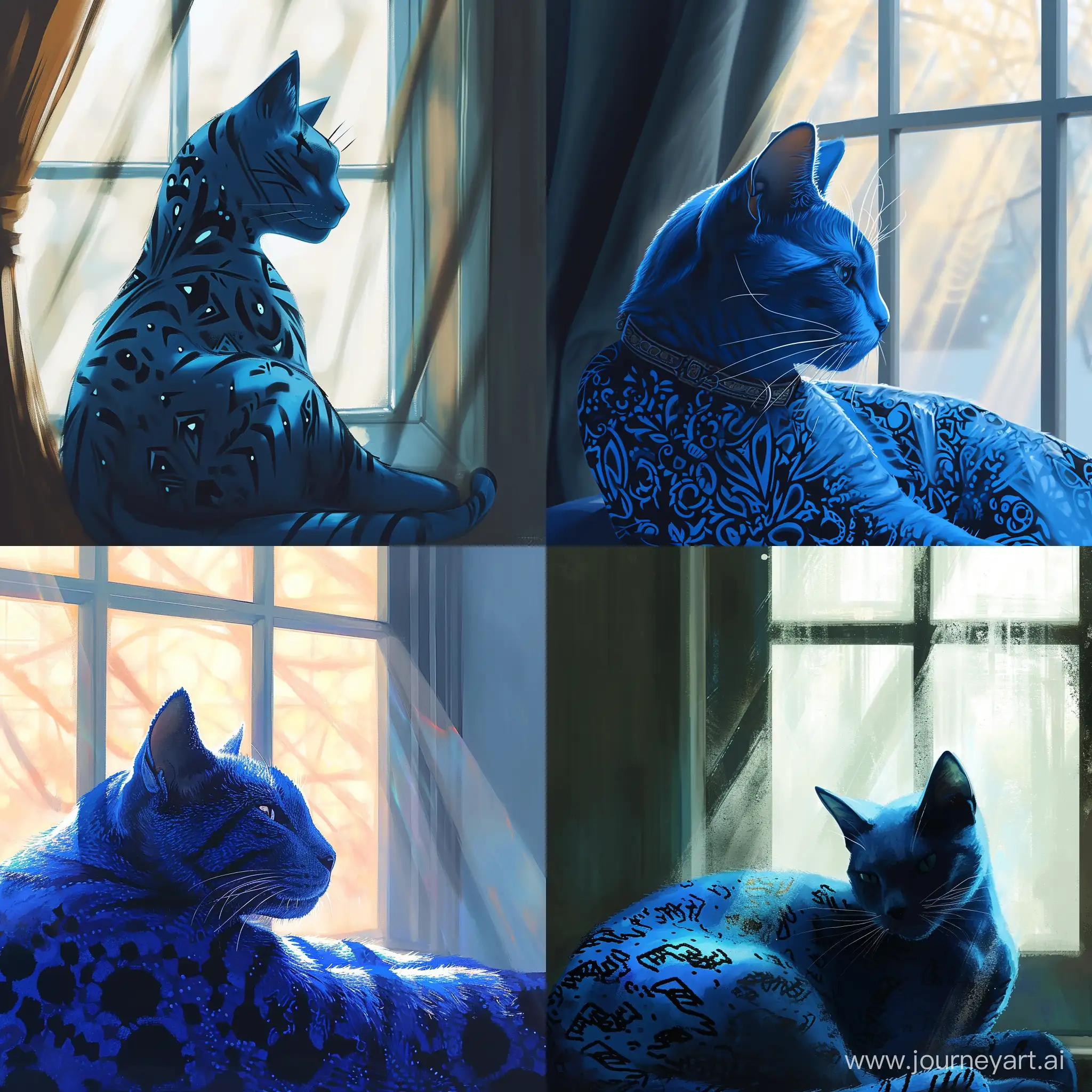 минимализм1.2, голубая кошка с черными узорами лениво на фоне окна, мягкий свет проникает через окна отбрасывая блики на кошку, --v 6