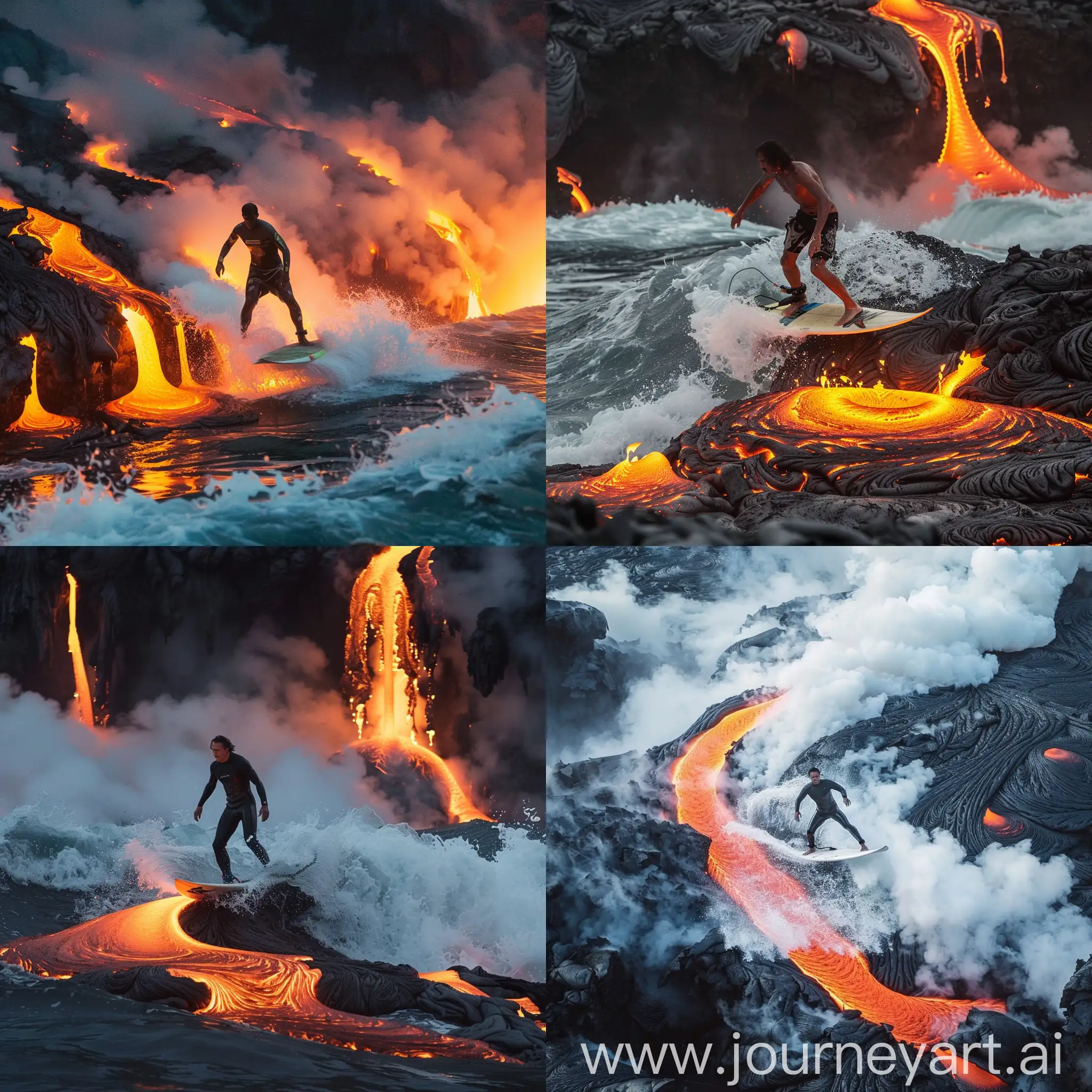 un homme entrain de faire du surf sur la lave en fusion