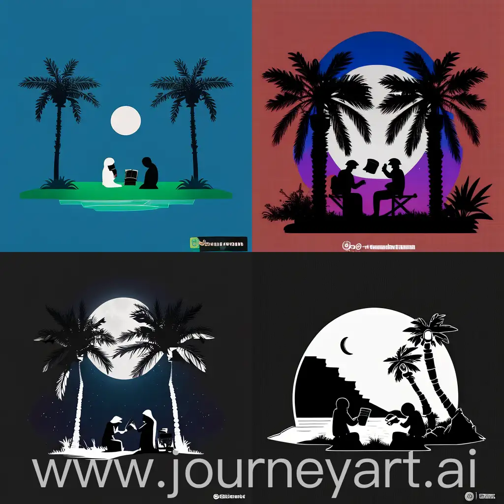 a very simple logo of two Bedouin
men exchanging books under a palm tree in a oasis that has some grass with small ink lake and a big full moon behind, make the two men, palm tree and the oasis ground black and make the entire back ground white