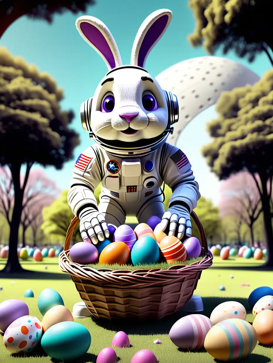 Illustration: extra large Easter basket sitting in the middle of a park withe easter eggs spread out on the ground around the park.  There is an astronaut standing in the back ground. 