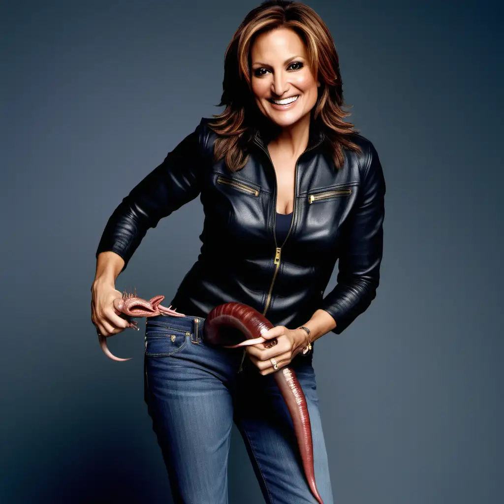 Mariska Hargitay Playfully Poses with Giant Earthworm Emerging from Unzipped Jeans
