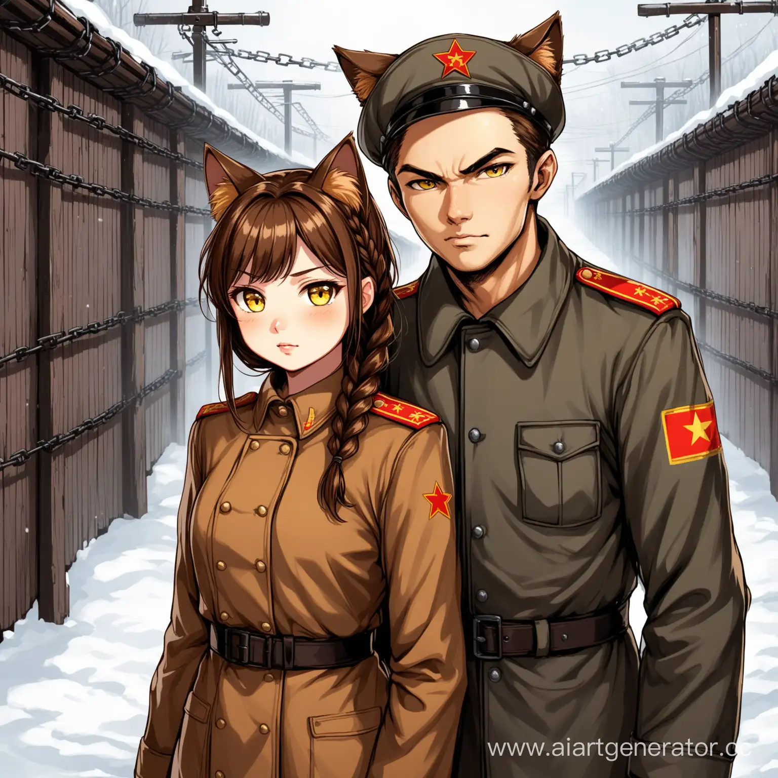 Catgirl yellow eyes brown hair (one short braid), brown cat ears, in Soviet Union GULAG, NKVD uniform, and her boyfriend prisoner  black quilted jacket