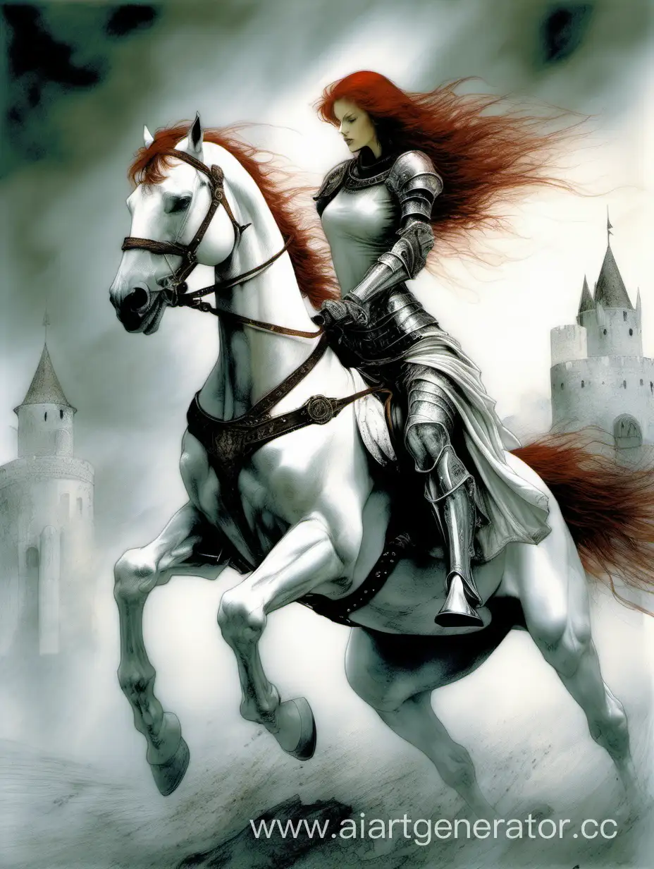  Рыжая  женшина рыцарь на белом  коне, вспавшем на дыбы,фентези,  стиль Луис Ройо